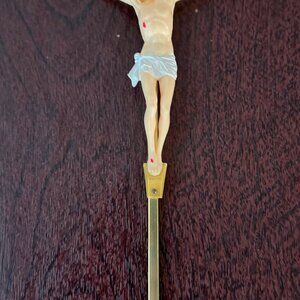 Vintage Mid Century Catholic Crucifix Brass 10 x 5" Celluloid Jesus